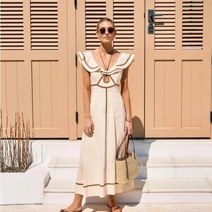 Antoni Melani Cream Maxi Dress with Brown Trim